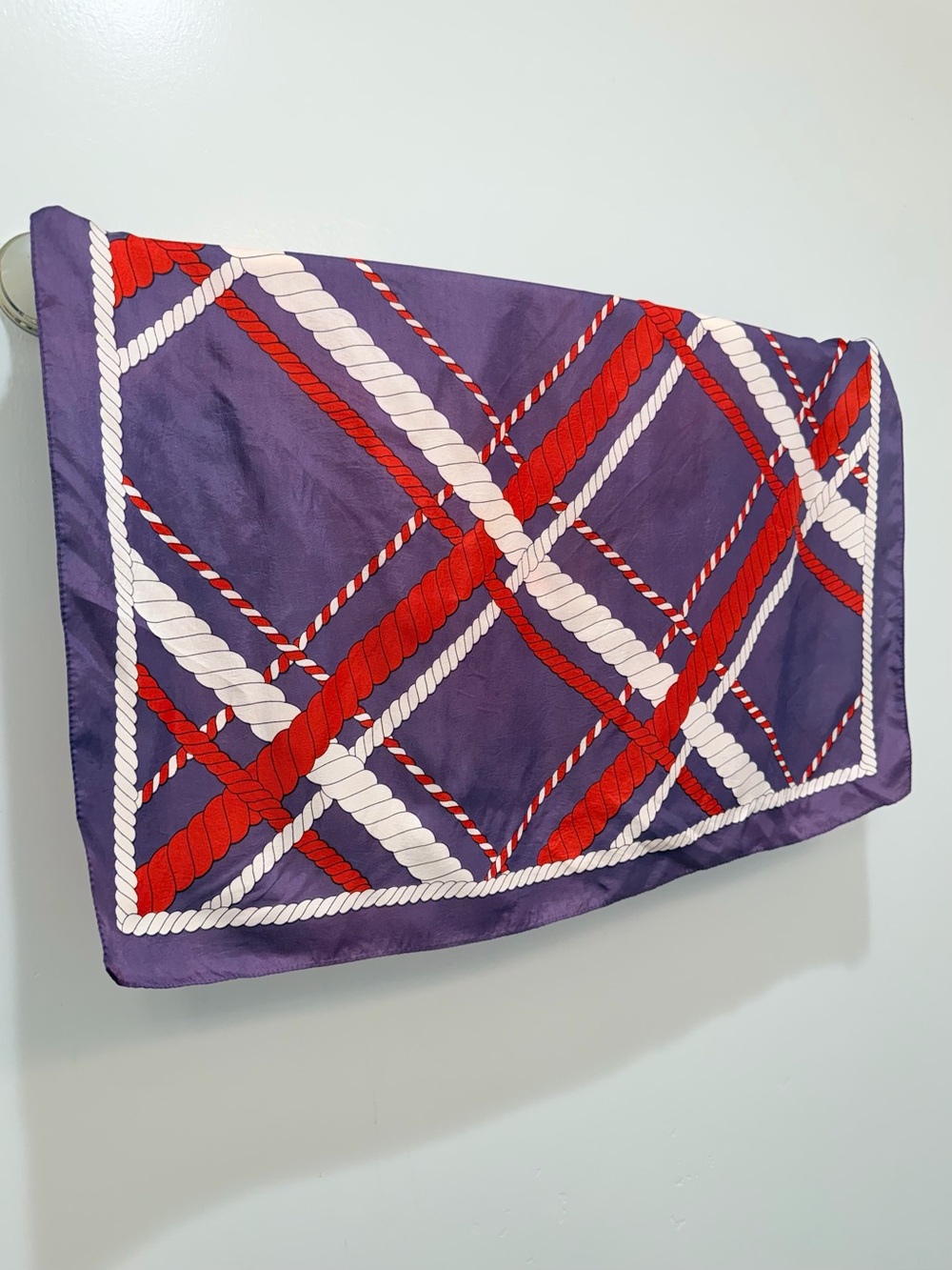 Vintage 80s Blue Red Nautical Rope Print Square Scarf White